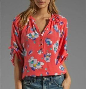 Yumi Kim Floral Silk Blouse Small V-Neck Button Front Relaxed Coral Popcorn